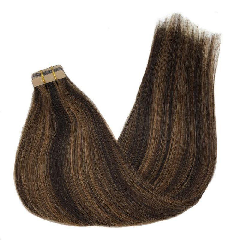Remy Hair Extensions Tape in Human Hair Ombre Dark Brown Highlighted Chestnut Brown Real Hair Extensions Tape in Straight 20PCS 50g 18inch