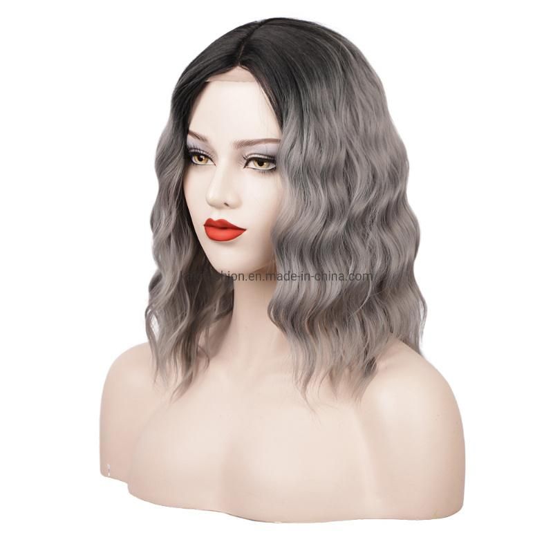 Kaki Hair 15 Inch Middle Part Short Body Wave Grey Wigs Lace Wigs Synthetic Hair Wigs for Black Women