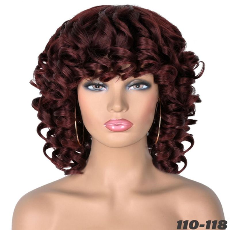 Brazilian Human Hair Short Hair Afro Curly Wig with Bangs Loose Fluffy Shoulder Length Natural Lace Front Wigs for Black Women 14 Inches