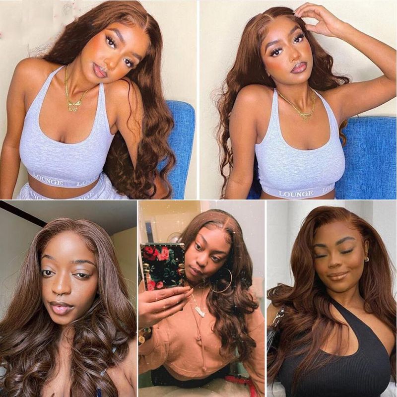 #4 Body Wave Bundles with Lace Frontal Closure Brown Pre Colored Brazilian Body Wave 3/4 Human Hair Bundles with Lace Frontal Closure Remy Hair