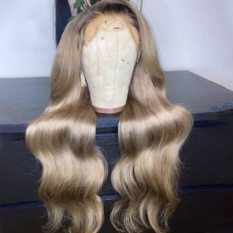 Long Ombre Light Ash Brown Blonde Wavy Wig Human Hair Wig for Women 150 Density T Lace Part Wig Remy Brazilian