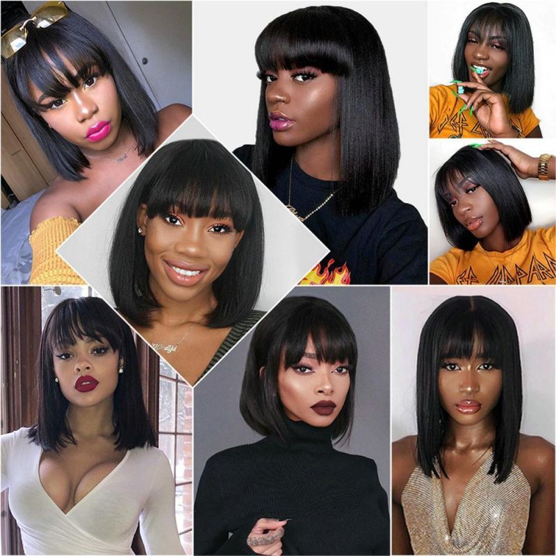 100% Natural Black Short Bob Wig with Bangs for Black Women, Brazilian Virgin Remy Straight Human Hair Fringe Bob Style Cut Wig