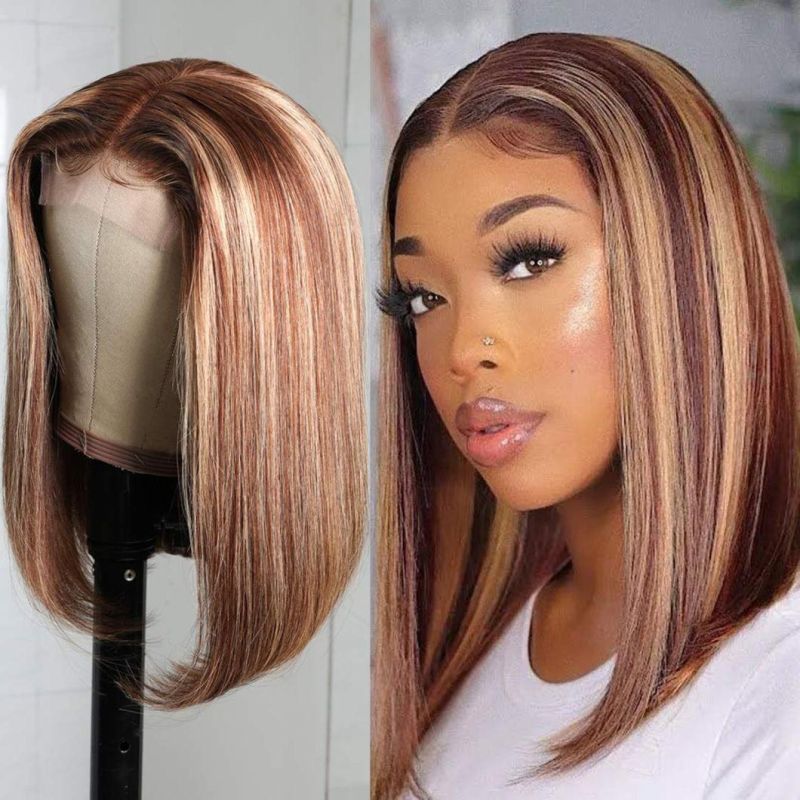 Short Blond Bob Wig Human Hair for Black Women Brazilian Remy Straight Hair Highlight Colored Lace Front Closure Bob Wigs Pre Plucked with Baby Hair 14 Inch