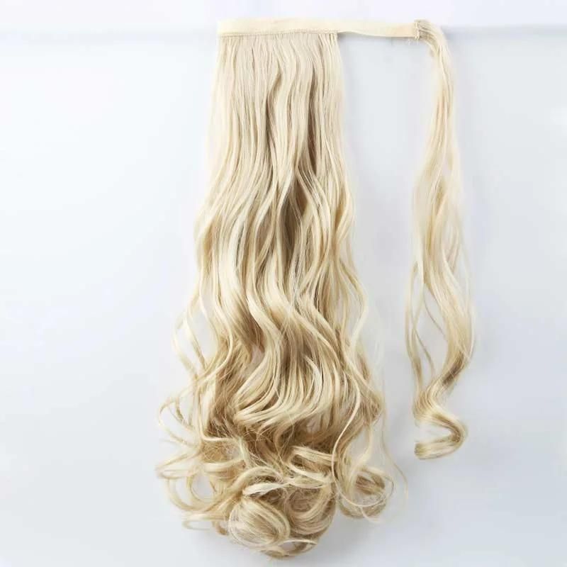 Ombre Brown Long Curly Ponytail Hairpiece Synthetic Magic Paste Ponytail Wrap Clip in Hair Extension