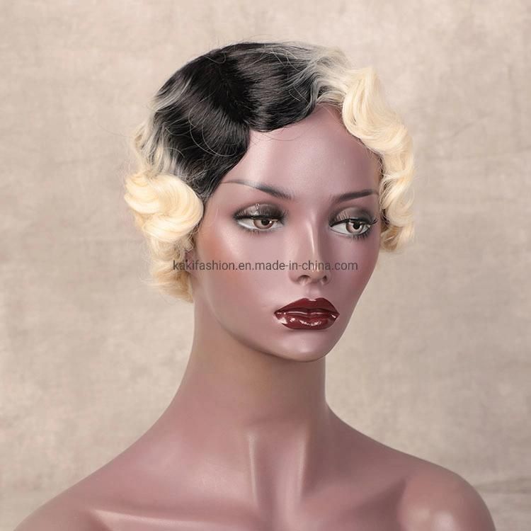 Short Pixie Cut Finger Wave Ombre 613 Blonde Wig with Bangs for Black Women Synthetic Hair Wigs