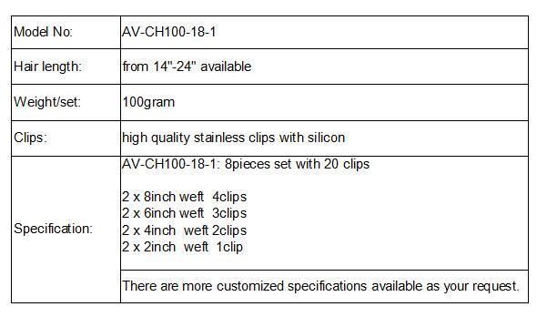 100% Human Hair Full Head 8PCS 100gram 18inch Clip in Hair Extension (AV-CH100-18-2)