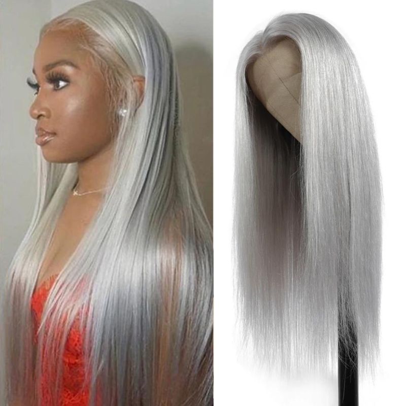 Brazilian Lace Front 13X4 Human Hair Wigs Straight Grey Lace Front Wig Pre Plucked Silver Gray Long Remy Hair Wigs 150% Density 28 Inches