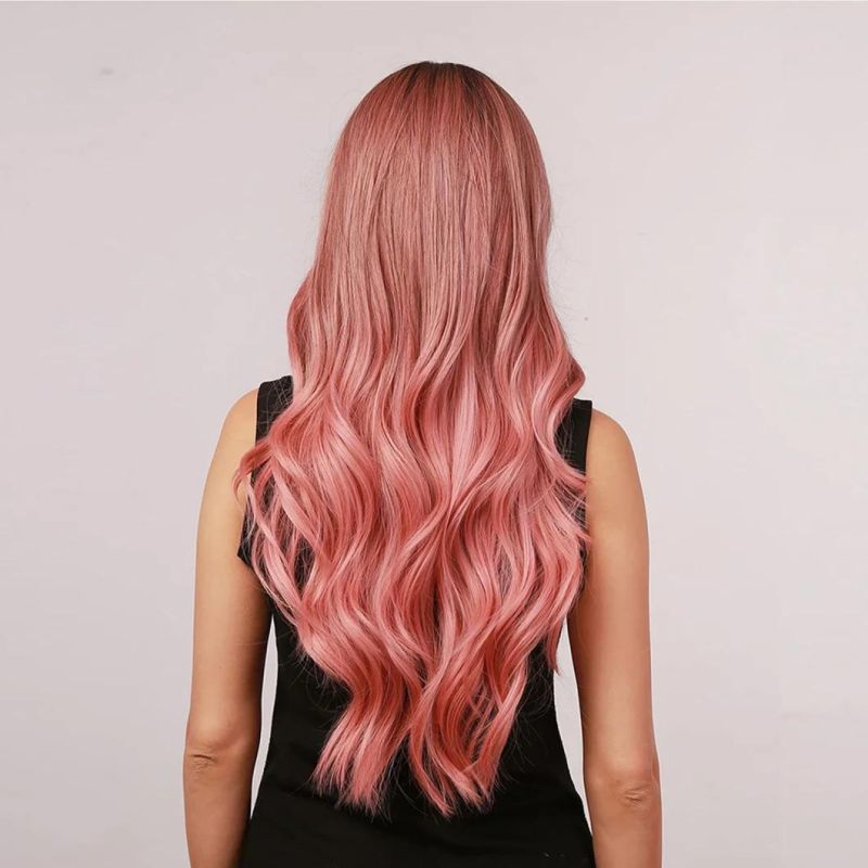 Pink Wig with Bangs 26 Inch Long Wavy Synthetic Wig Pink Color Wigs