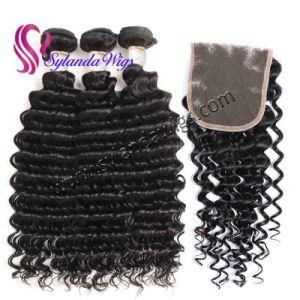 3 Bundles+4&quot;X4&quot; Lace Closure Deep Wave Brazilian Remy Human Hair with Free Shipping