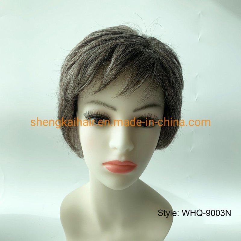 Wholes Good Quality Handtied Human Hair Synthetic Hair Mix Short Grey Wigs for Older Ladies 578