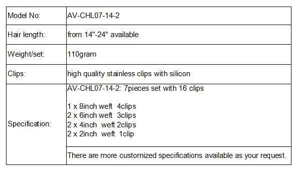 Wholesale Price Clip in Hair Extension 7PCS 110gram 100% Virgin Hair (AV-CHL07-14-1)