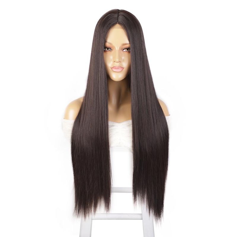 28inch Dark Brown Long Silky Straight Wig Middle Part Lace Wigs Synthetic Wigs