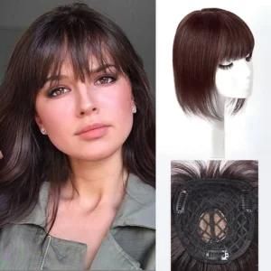 100% Real Dark Brown Human Hair Clip in Hair Toppers Hairpieces with Bangs for Women Silk Base Crown Top Hair Pieces Extentions (8inch, 5.1&quot;*5.1&quot;)