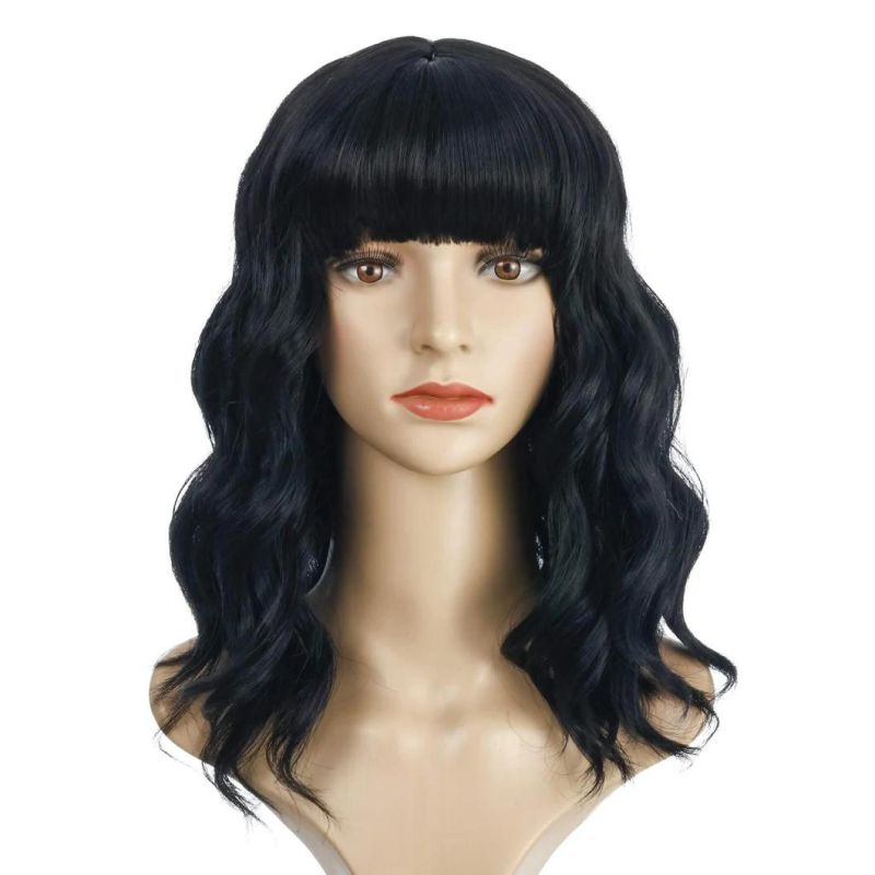 Wavy Wig Shoulder Length Short Bob Wigs with Bangs Curly Wavy Synthetic Wig for Women