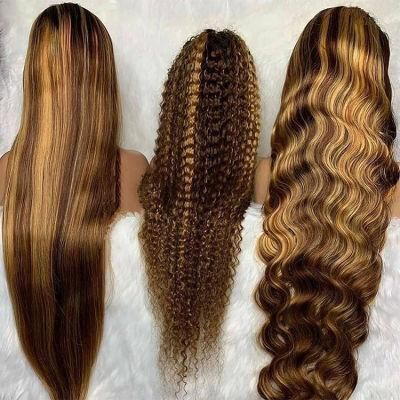 Brown Honey Blonde Piano Color Preplucked Bleached Knots Straight Full Lace Human Hair Wig with Highlights
