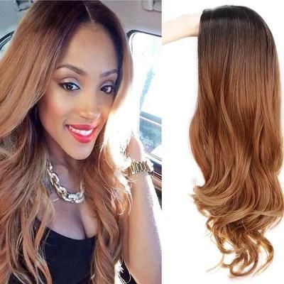 High Quality Body Wave Ombre Brown Dark Root Wigs Middle Part Long Wavy Synthetic Hair Wigs