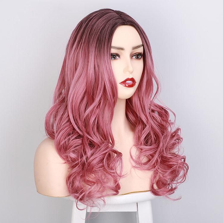 China Cheap Ombre Dark Pink Synthetic Brazilian Hair Body Wavy Long Wigs Hair