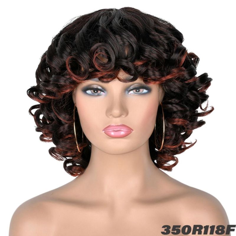 Brazilian Human Hair Short Hair Afro Curly Wig with Bangs Loose Fluffy Shoulder Length Natural Lace Front Wigs for Black Women 14"