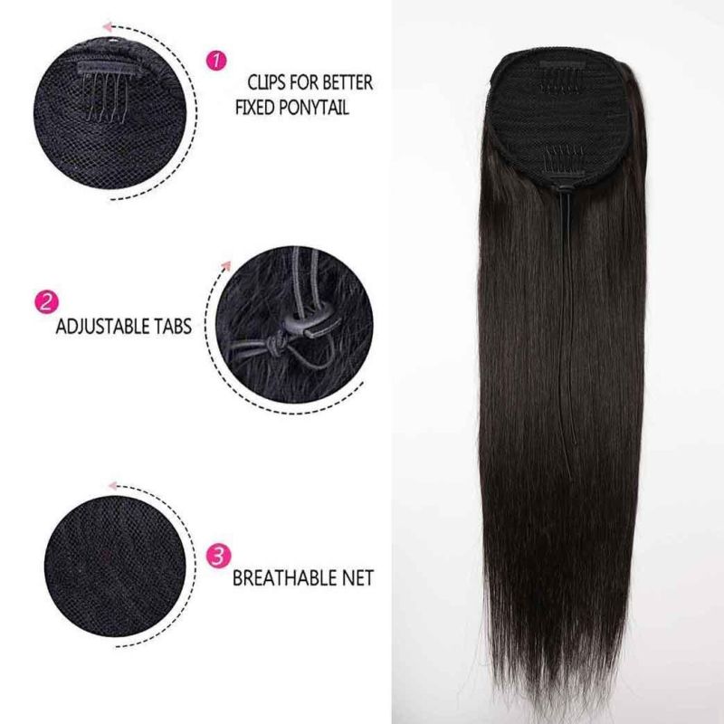 Straight Ponytail Human Hair with Clip Remy Hair Extensions Thick Women Natural Color Hairpiece for 1b/27 Wome