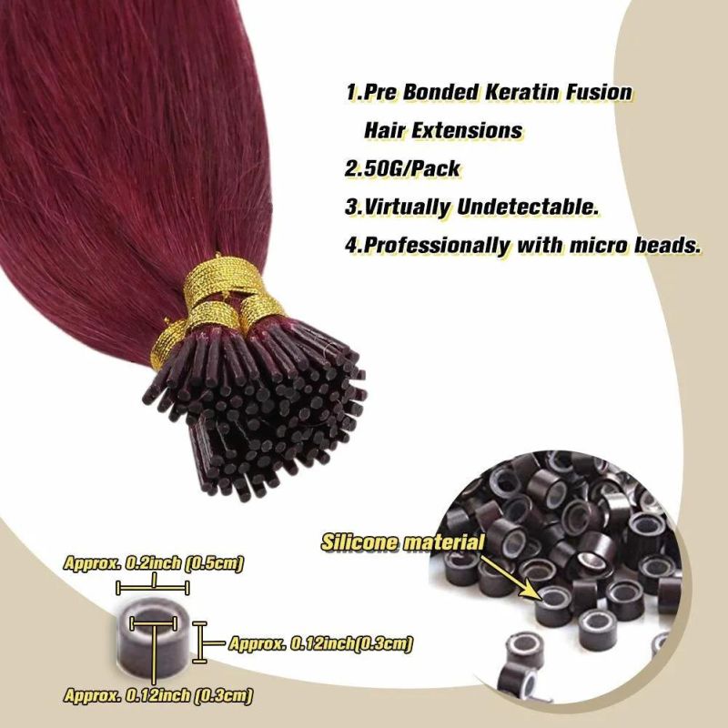 24inch #Burgundy I Tip Human Hair Extensions-100% Remy Hair Extensions Stick Tip Hair Extensions Human Hair 50g/Pack