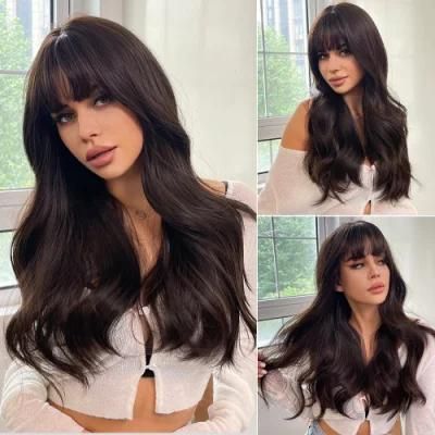Freeshipping Natural Dark Brown Black Wig Long Deep Wave Synthetic Wig with Bangs Cosplay Heat-Resistant Wig for Woman Dropshipping Wholesale