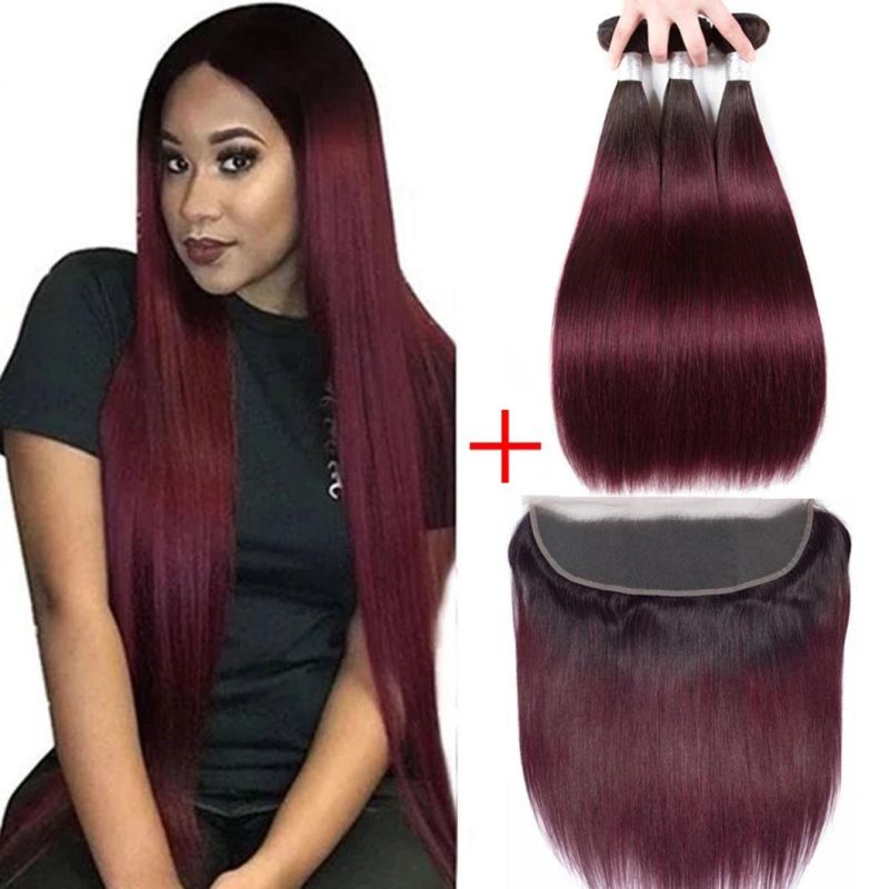 Brazilian Human Hair 99j Bundles with Frontal Closure Ombre Bundles with Frontal Blonde Ombre Straight Human Hair Bundles with Frontal