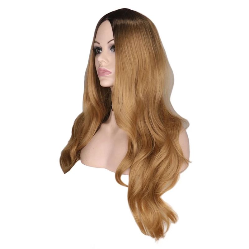 Ombre Long Wavy Wig Natural Two Tone Middle Part Heat Resistant Fiber Hair Wig Synthetic Wigs 26 Inches for Women