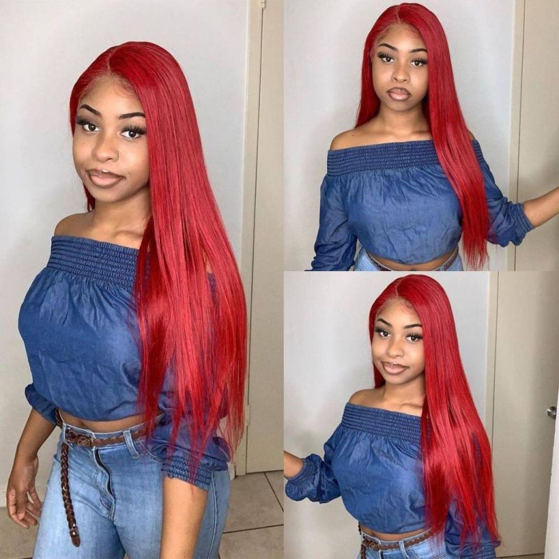 Wholesale Red 13X6 Lace Front Wig Straight Virgin Human Hair Wigs 200d