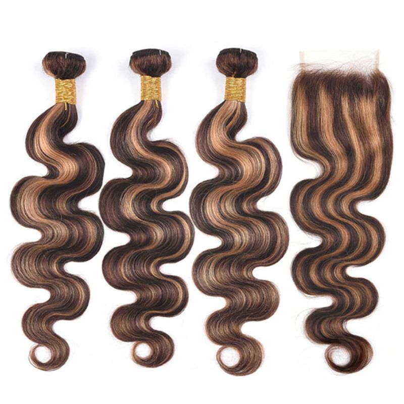 Highlight Colored Brazilian Ombre Hair Bundles with Closure P4/30 Remy Body Wave Human Hair Bundles with Closure 28 Inches