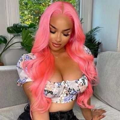 Pink Wig Body Wave Colored Brazilian Human Hair Wigs for Black Women HD Transparent Lace Part Wig 24 Inches