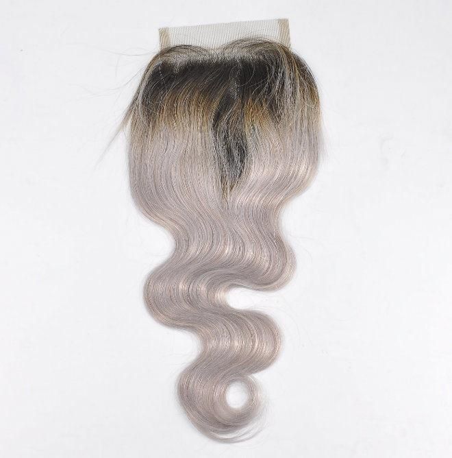 Grey Human Hair Lace Closure at Wholesale Price--#1b/Grey (Body Wave)