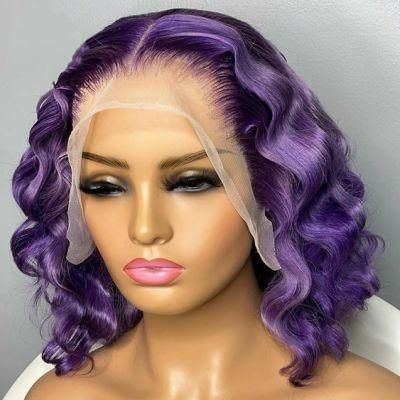 Purple Color Deep Wave T Part Lace Wigs with Natural Hairline Brazilian Remy Human Hair Bob Wig for Women