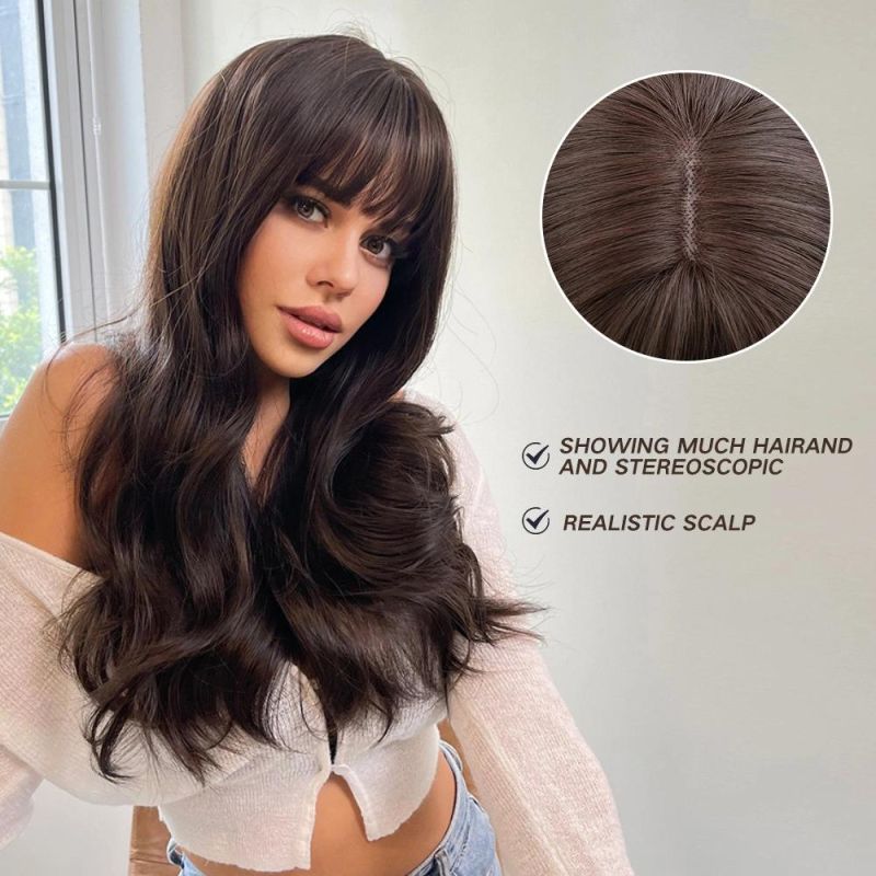 Freeshipping Natural Dark Brown Black Wig Long Deep Wave Synthetic Wig with Bangs Cosplay Heat-Resistant Wig for Woman Dropshipping Wholesale