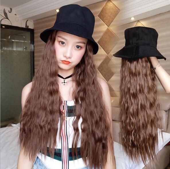 2020 Black Color 22′′ Popular Fashion Synthetic Wig with a Fisherman Bucket Hat for Young Ladies
