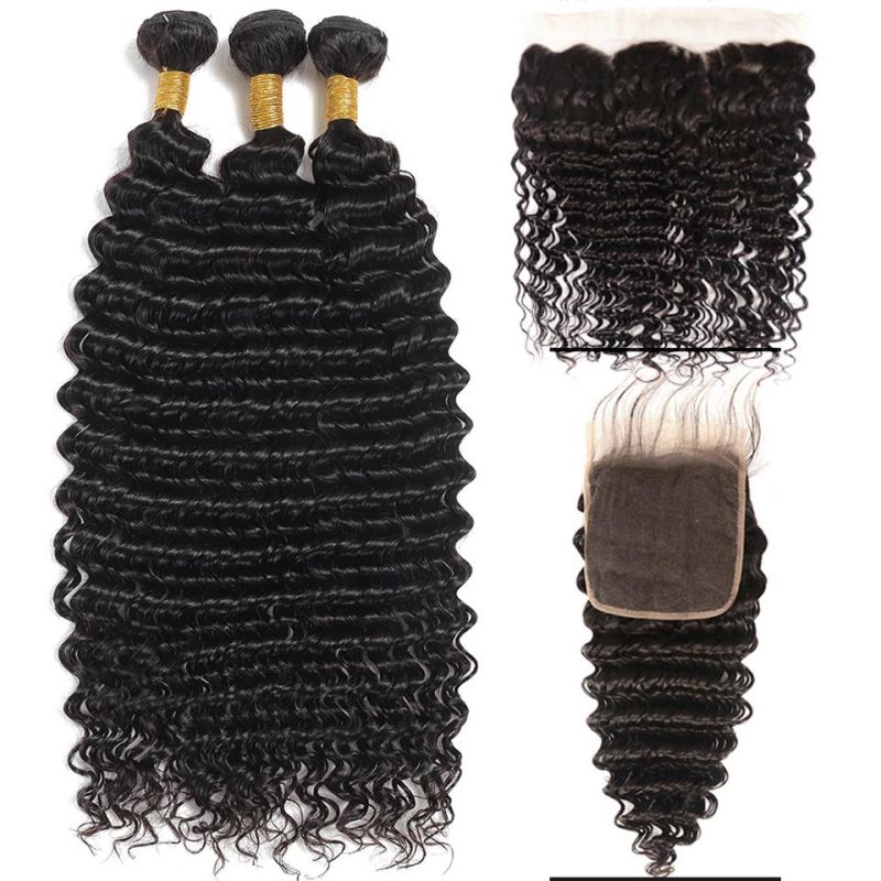 Deep Wave Bundles with Closure with Frontal Human Hair Bundles with Transparent Lace Closure Brazilian 4X4 13X4 Closures with Bundles