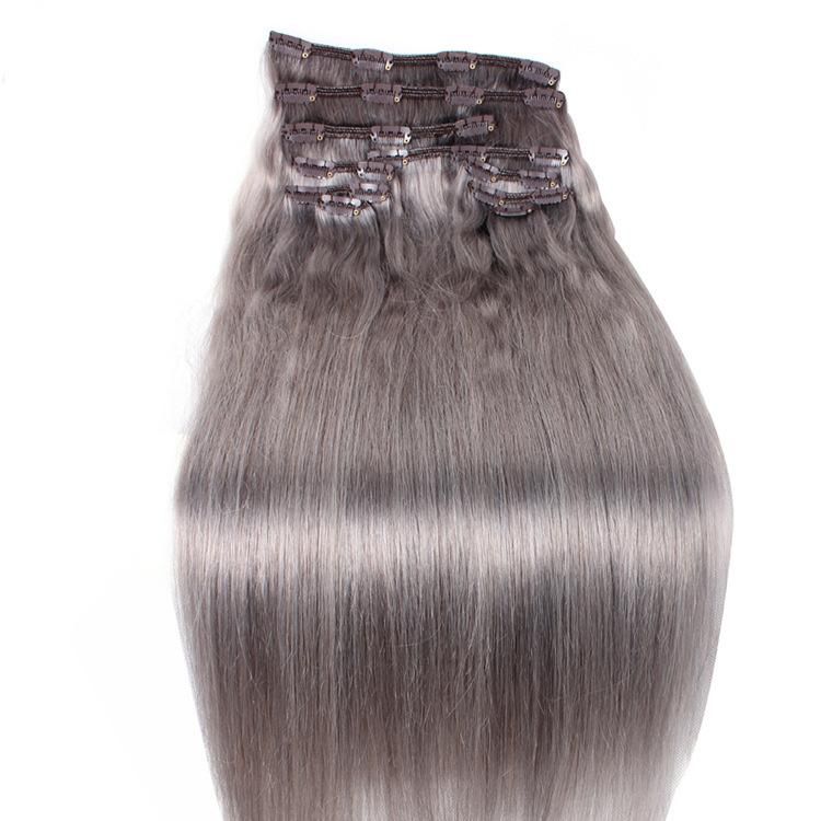 10PCS/Set Aligned 100% Human Hair Raw Straight Virgin Clip in Hair Extension #Grey