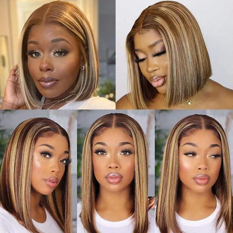 Short Blond Bob Wig Human Hair for Black Women Brazilian Remy Straight Hair Highlight Colored Lace Front Closure Bob Wigs Pre Plucked with Baby Hair 14 Inch