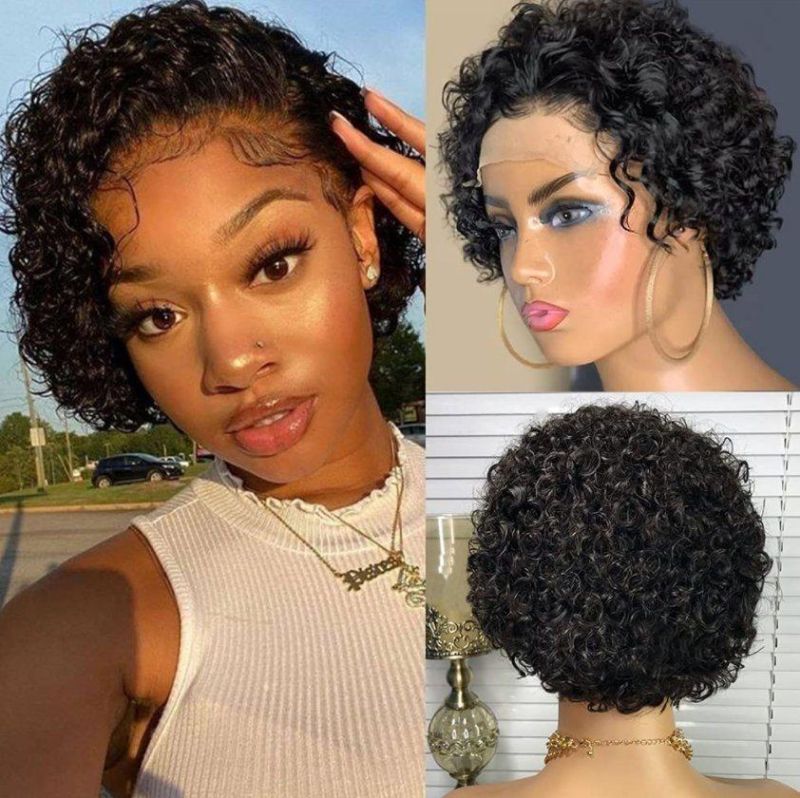 13*1 8 Inches Short Curly Human Hair Pixie Cut Wig Lace Front Human Hair Wigs for Women Natural Black Women Hair Dropshipping Wholesale