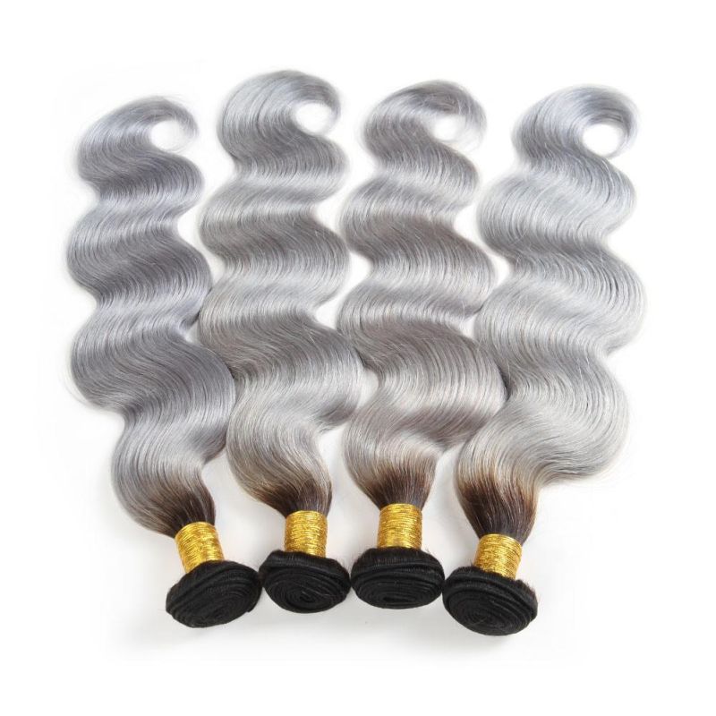 Ombre 1b/Grey Human Hair Weave 1 Piece Double Weft Hair Extensions Body Wave Gray Remy Brazilian Hair Bundles