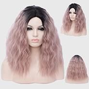 Aicos Black Ombre Pink 35cm Short Curly Halloween Party Anime Cosplay Wig for Women, Heat Resistant Full Wig +Cap