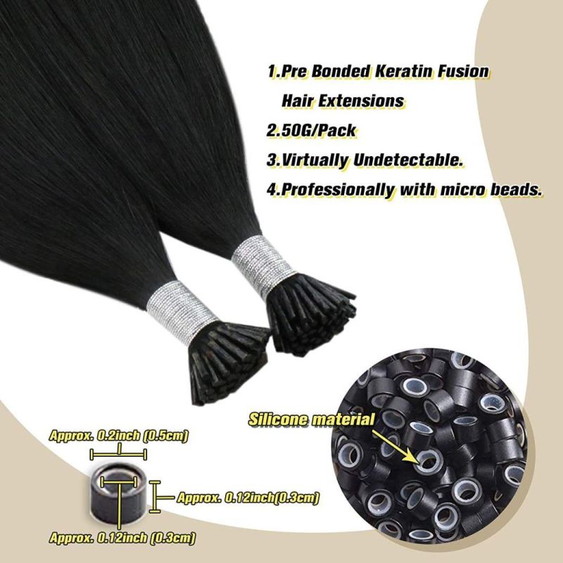 20" I Tip Extensions Human Hair #1b Natural Black Straight Remy Cold Fusion Hair Extensions Stick I Tip 50g/Package 50 Strands