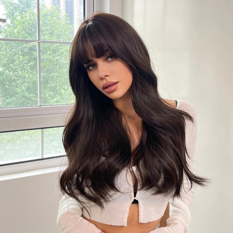 Freeshipping Natural Dark Brown Black Wig Long Deep Wave Synthetic Wig with Bangs Cosplay Heat-Resistant Wig for Woman Dropshipping Wholesale