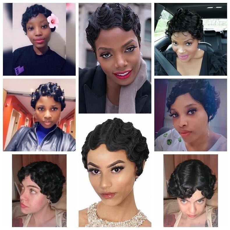Wholesale Short Pixie Cut Finger Wave Wine Red Wig with Bangs for Black Women Synthetic Hair Wigs