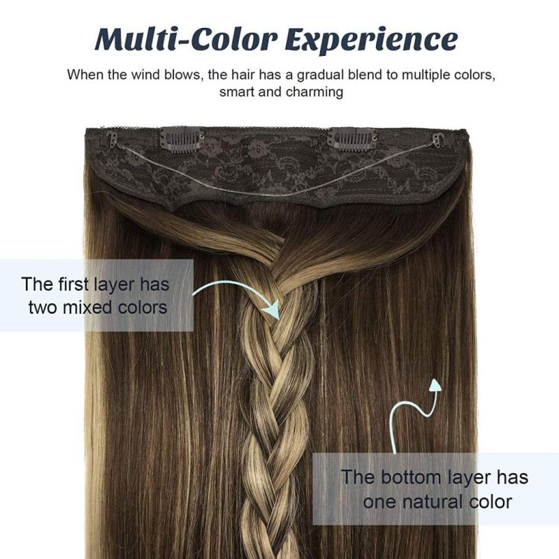 Hair Extensions Human Hair Chocolate Brown to Honey Blonde 12 Inch Natural Hairpiece Hidden Crown Hair Extensions with Transparent Fish Line