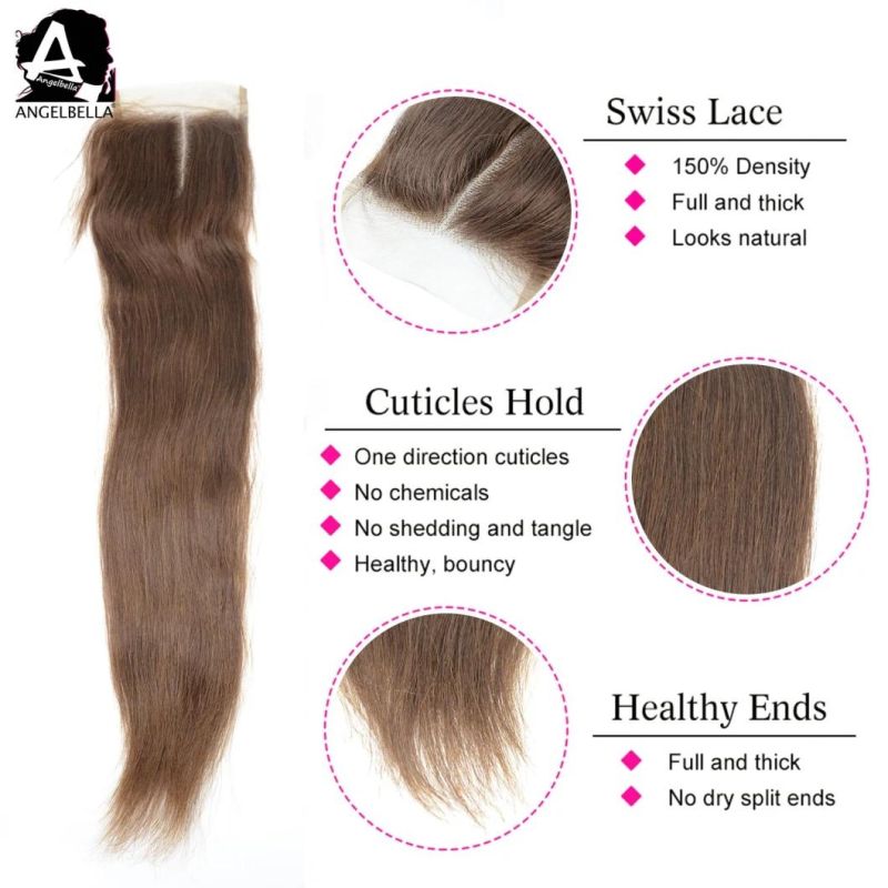 Angelbella Peruvian Hair Bundles with Closure 4# Straight Virgin Human Hair