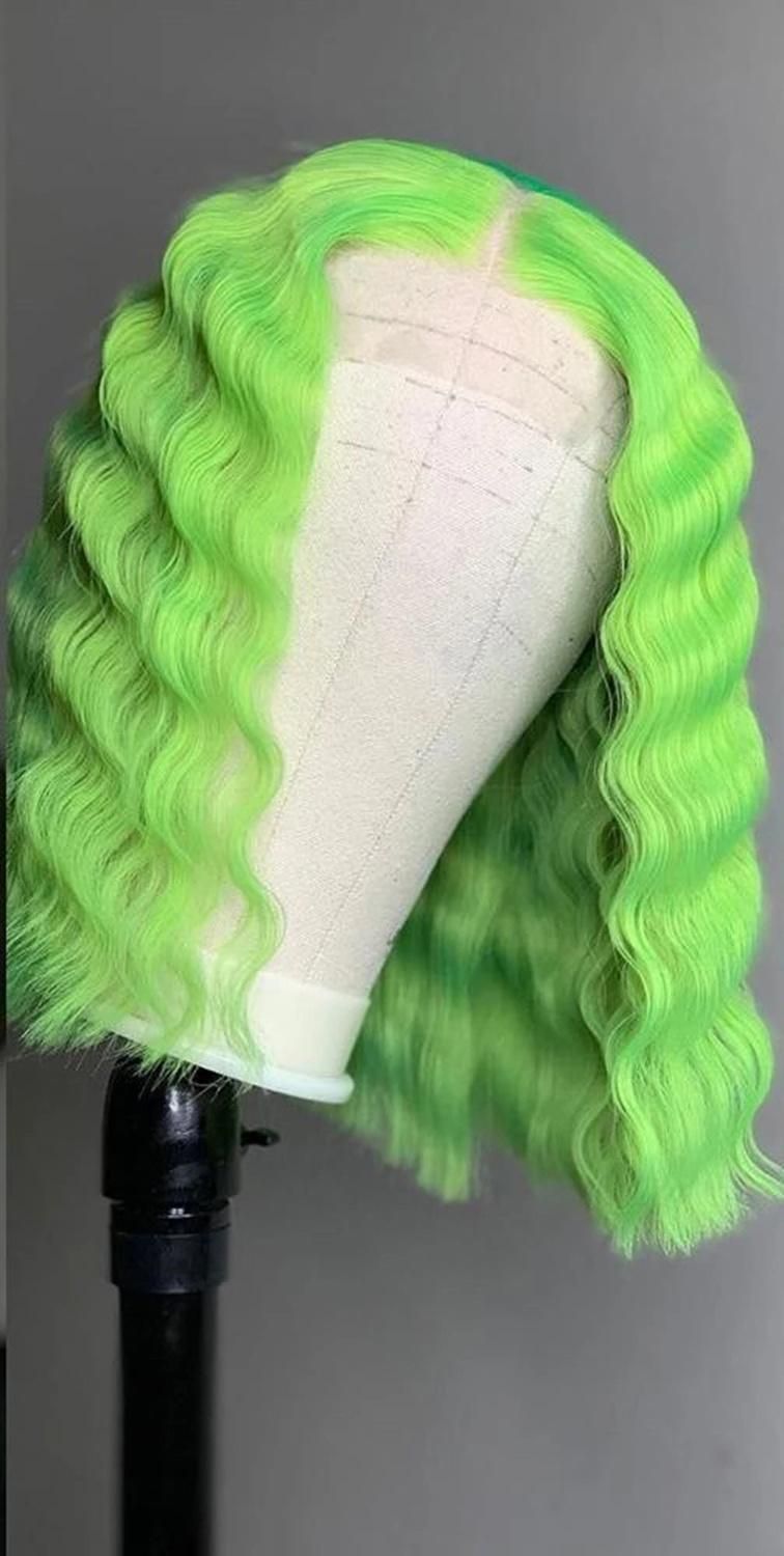 Lace Part Short Green Human Hair Wigs Straight and Deep Wave Middle Wig for Black Women Pre Plucked with Baby Hair 13X4X1 Lace 12 Inches