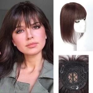 100% Real Dark Brown Human Hair Clip in Hair Toppers Hairpieces with Bangs for Women Silk Base Crown Top Hair Pieces Extentions (12inch, 5.1&quot;*5.1&quot;)
