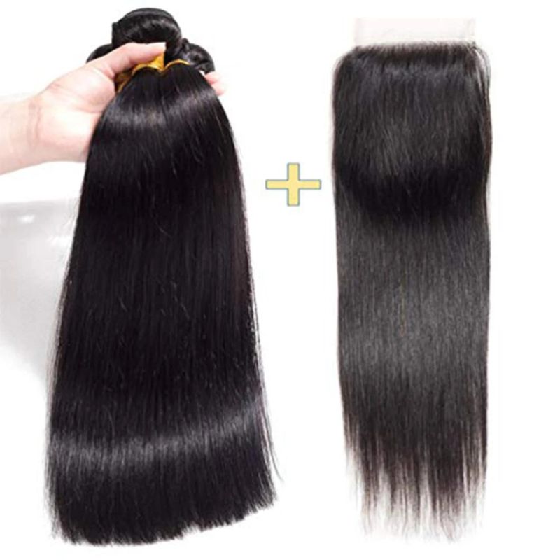 Straight Hair Bundles with Closure 10A Human Hair Bundles with Lace Closure Virgin Hair Bundles with Closure Natural Color (14 16 18 With 14)