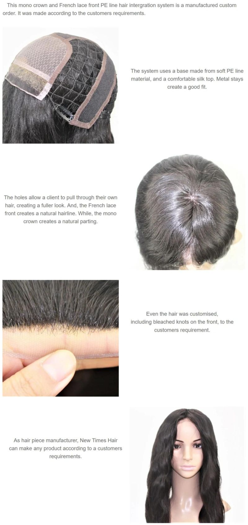 Custom Ladies Silk Top, Mono Crown and French Lace Front PE Line Hair Integration System