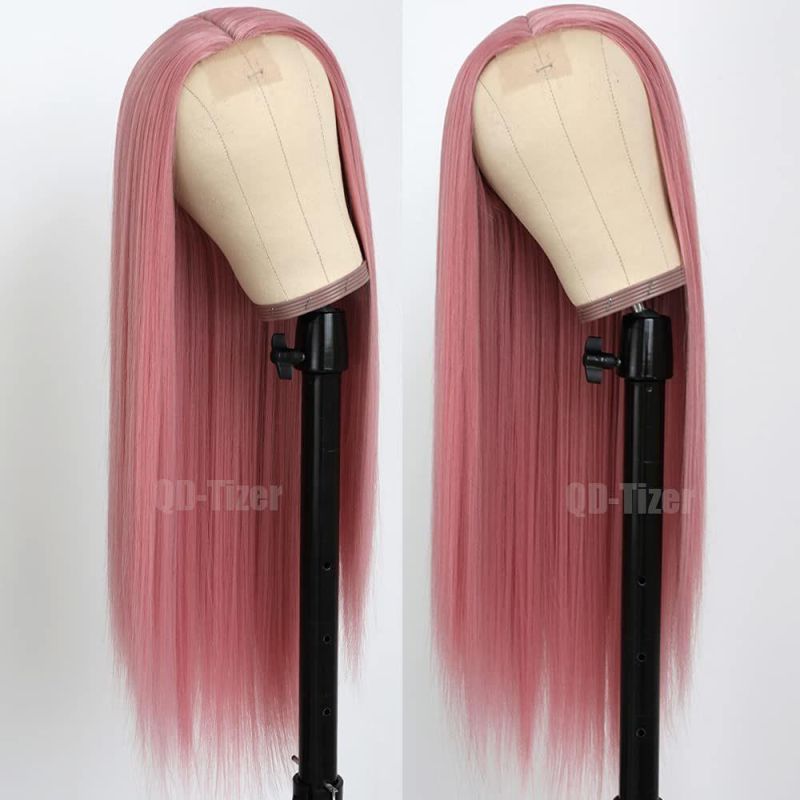 Lace Front Wigs, Long Straight Hair Peachpink Color Glueless Heat Resistant Fiber Hair Synthetic Lace Front Wigs